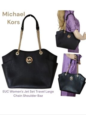 Michael Kors Jet Set Saffiano leather Shoulder Tote Bag Black golden chain Lg